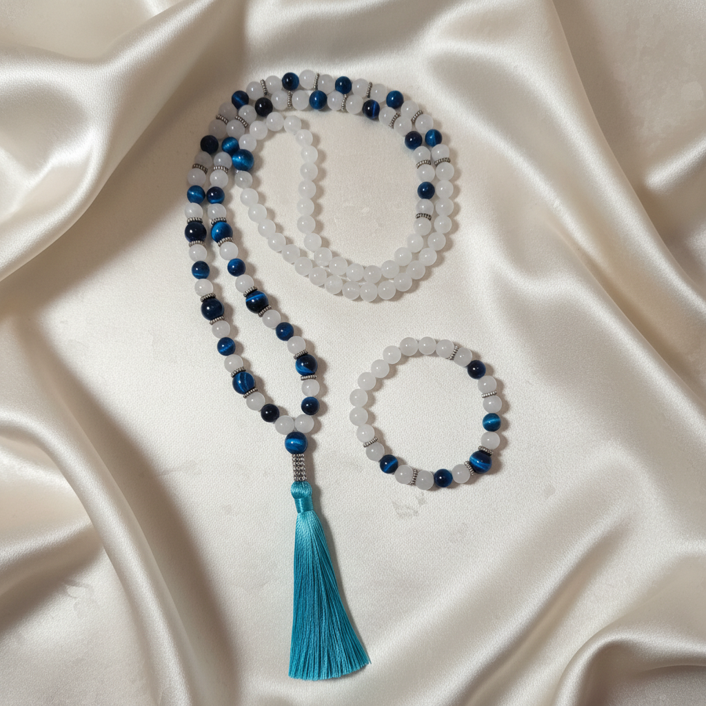 Conjunto Coragem e Clareza - Olho de Tigre Azul e Quartzo Branco com Fundo Elegante