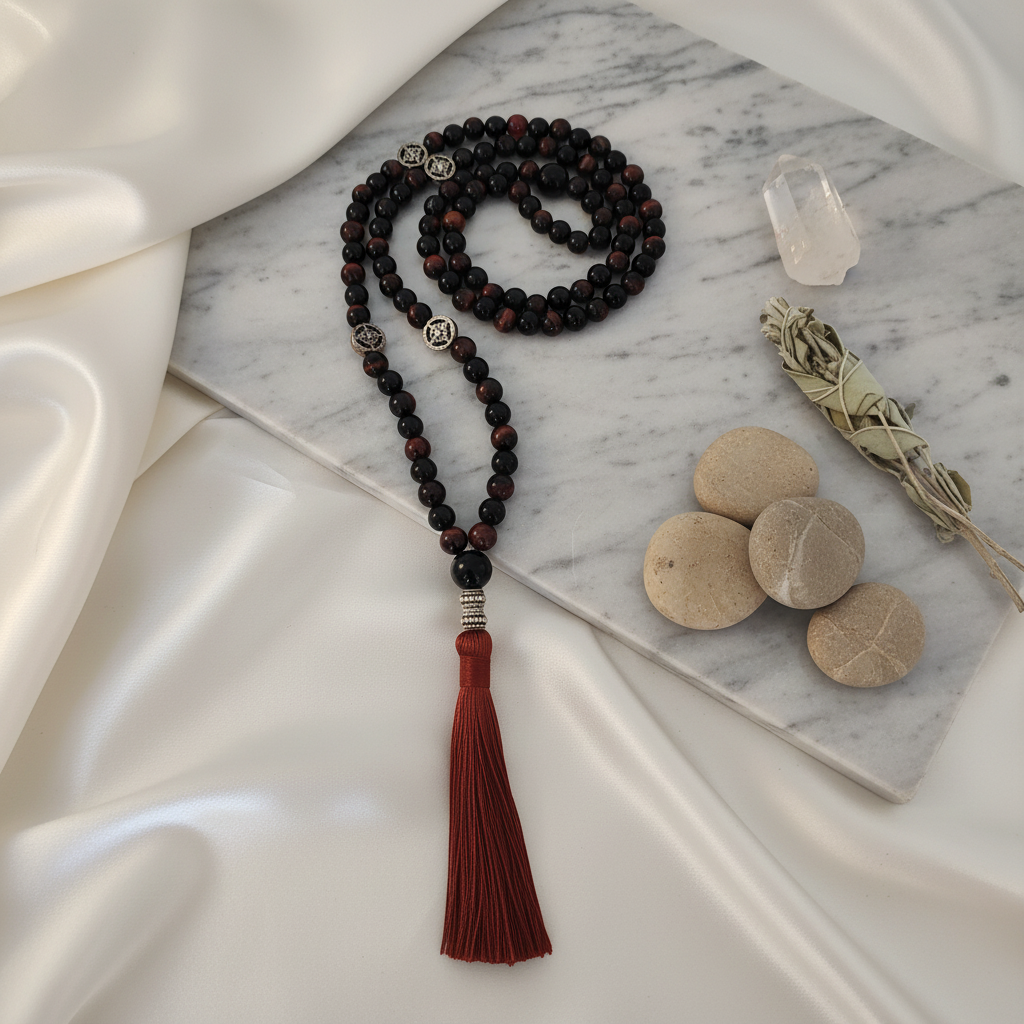 Japamala Obsidiana e Olho de Tigre - Fundo Elegante com Tecido e Pedra
