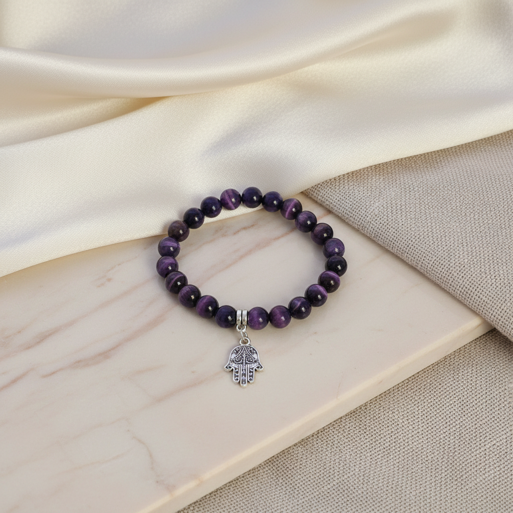 Pulseira Arcanjo Zadkiel - Olho de Tigre Roxa com Fundo Elegante