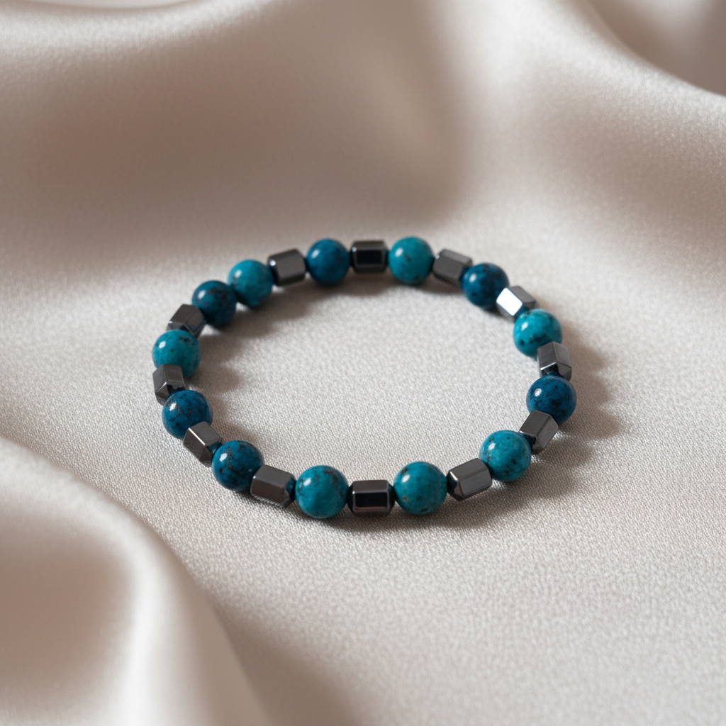 Pulseira Jaspe Azul & Hematite — Fundo Elegante