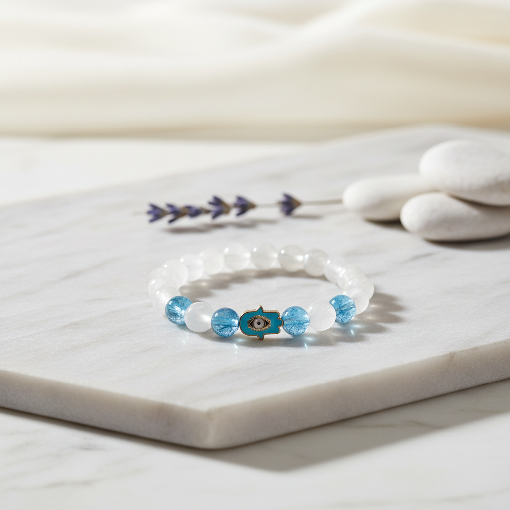 Pulseira Quartzo Branco e Azul Transparente com Olho Grego