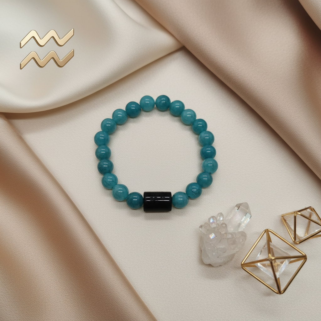 Pulseira Signo Aquário - Água Marinha com Fundo Elegante e Símbolo