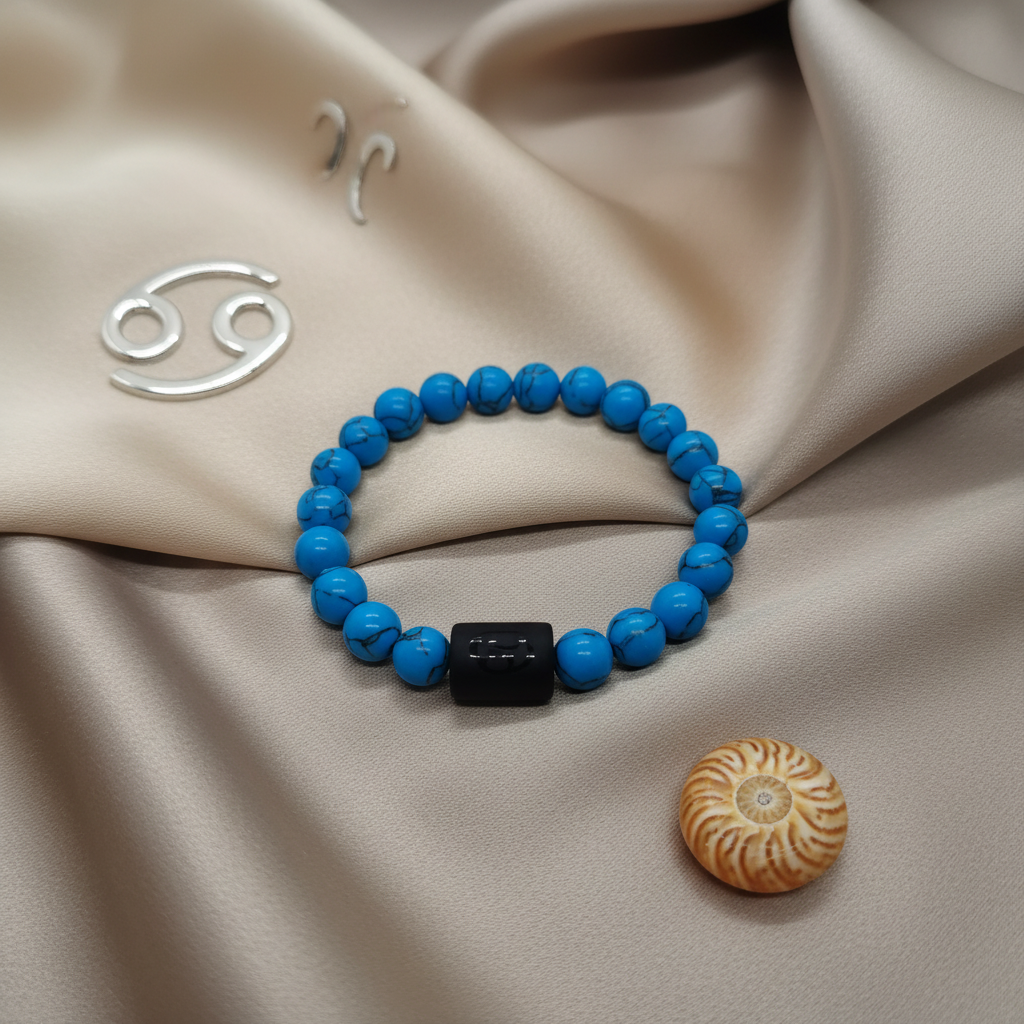 Pulseira Signo Caranguejo - Howlite Azul com Fundo Elegante