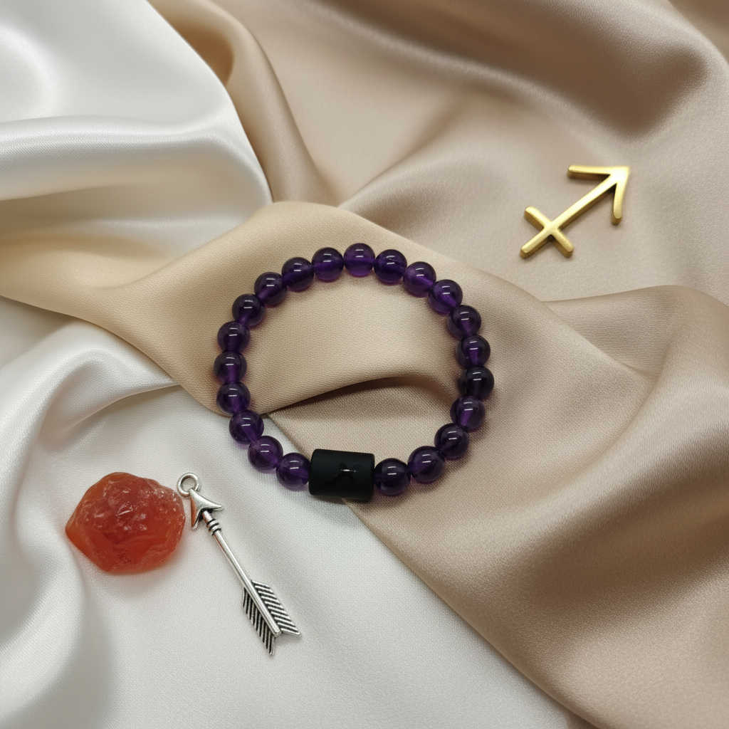 Pulseira Signo Sagitário - Ametista com Fundo Elegante