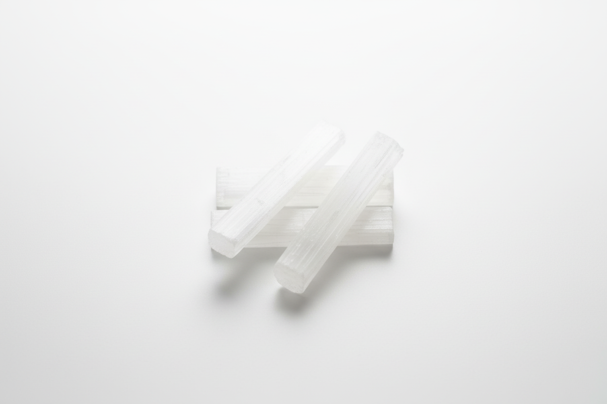 Quatro cristais de selenite branca em fundo branco