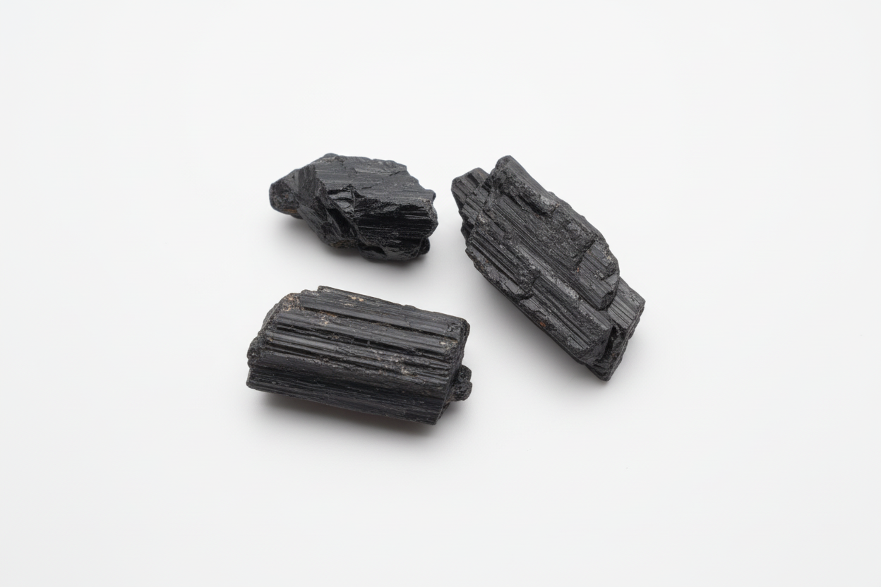 Três cristais de turmalina negra em fundo branco