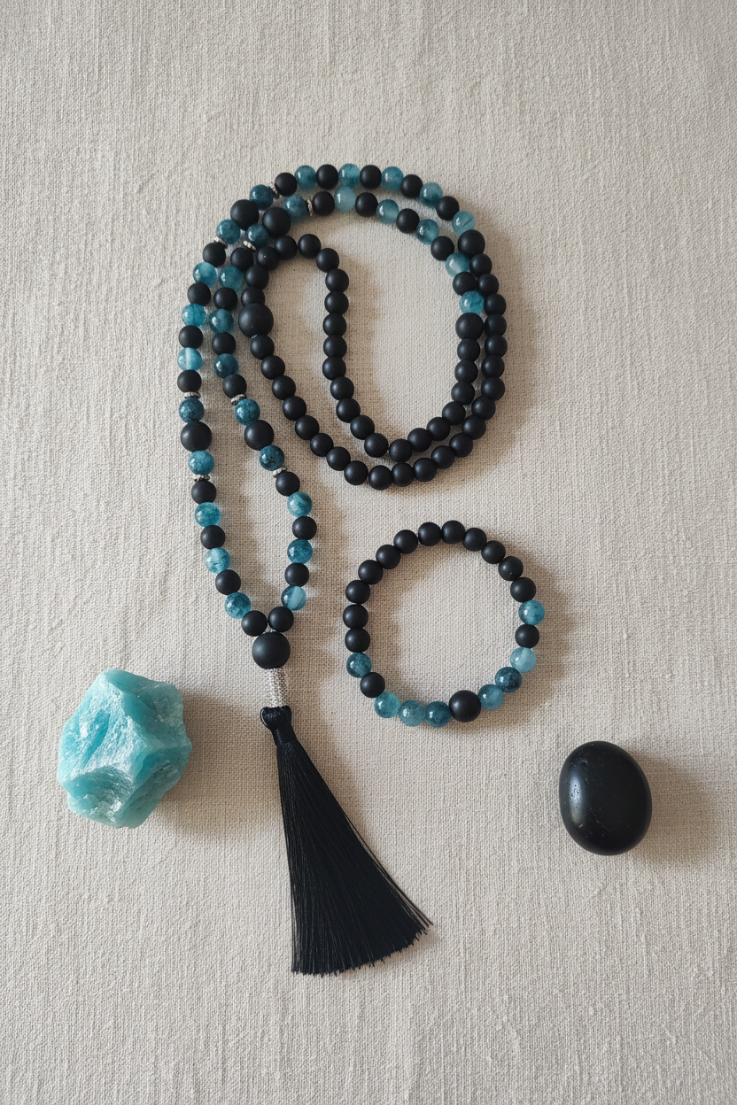 Conjunto Calcedónia Azul & Ónix Mate — Fundo Elegante