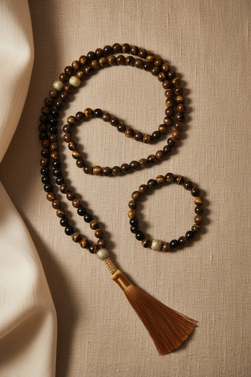 Conjunto japamala e pulseiras olho de tigre em fundo elegante