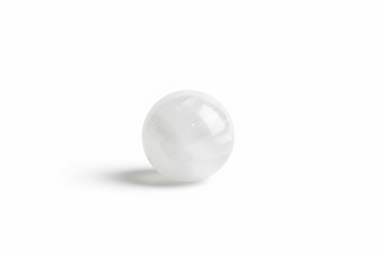 Esfera de selenite branca em fundo branco