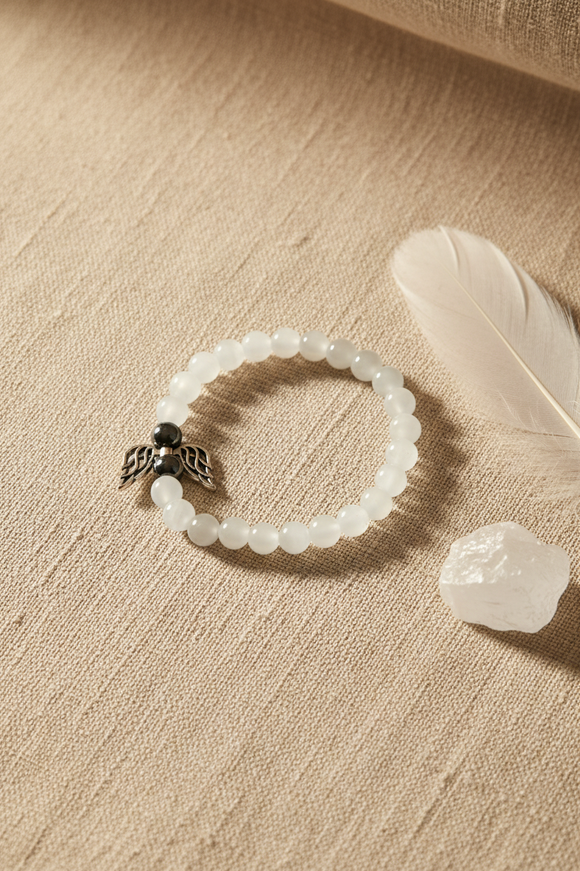 Pulseira Anjo da Guarda em fundo bege com pena e selenita