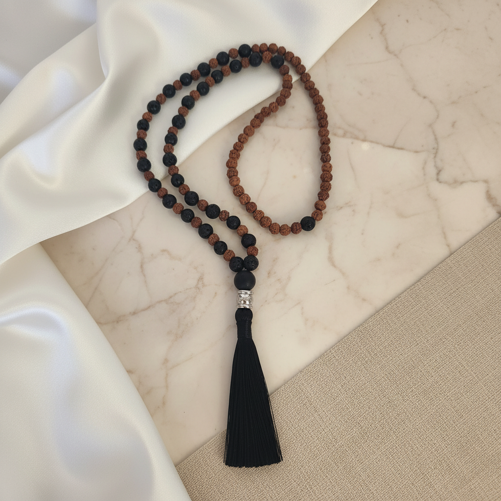 Japamala Rudraksha e Vulcânica com Fundo Elegante