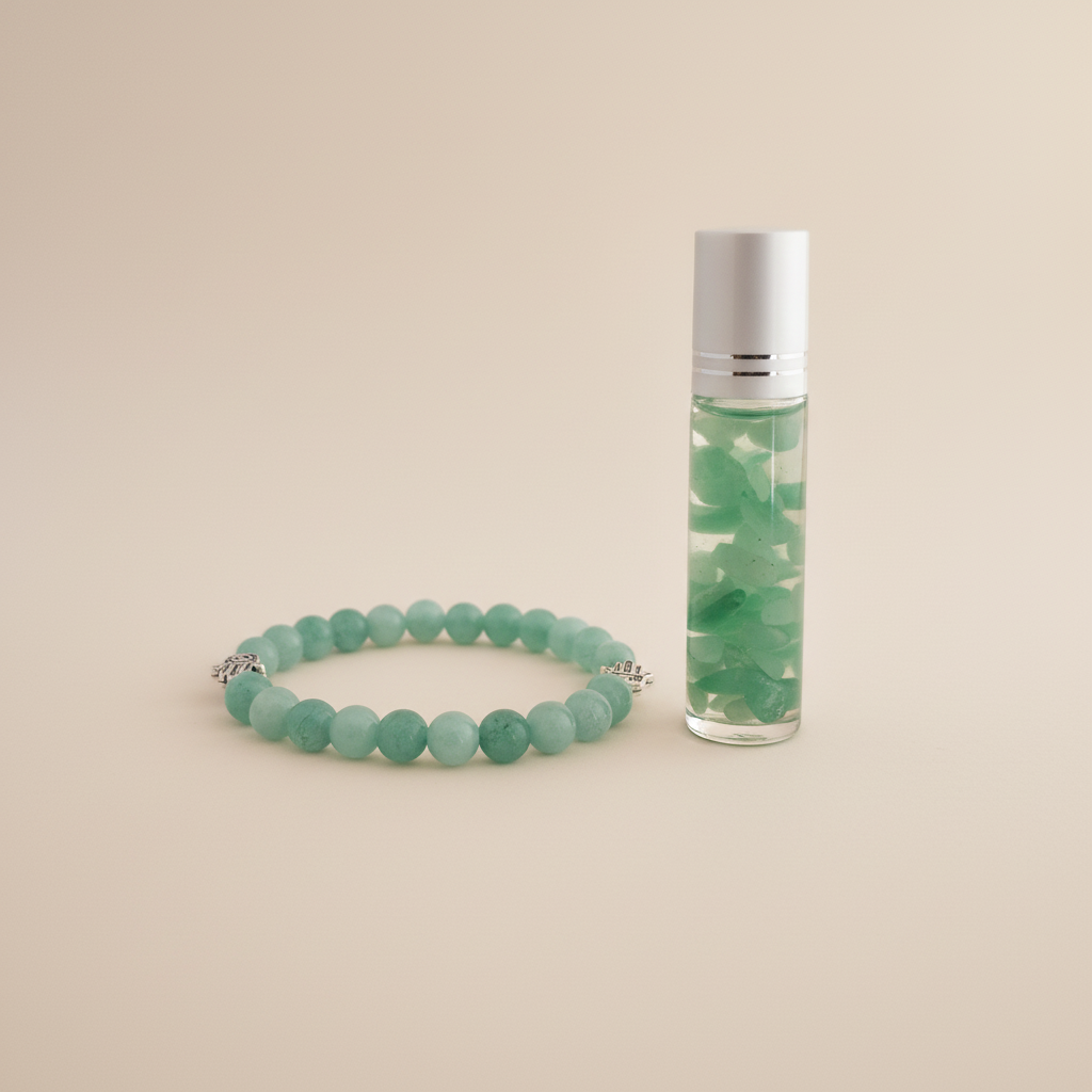 Kit quartzo verde com roll-on em pé