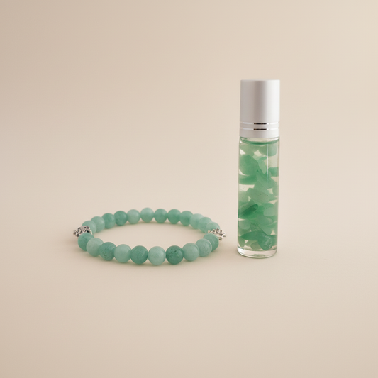 Kit quartzo verde com roll-on em pé