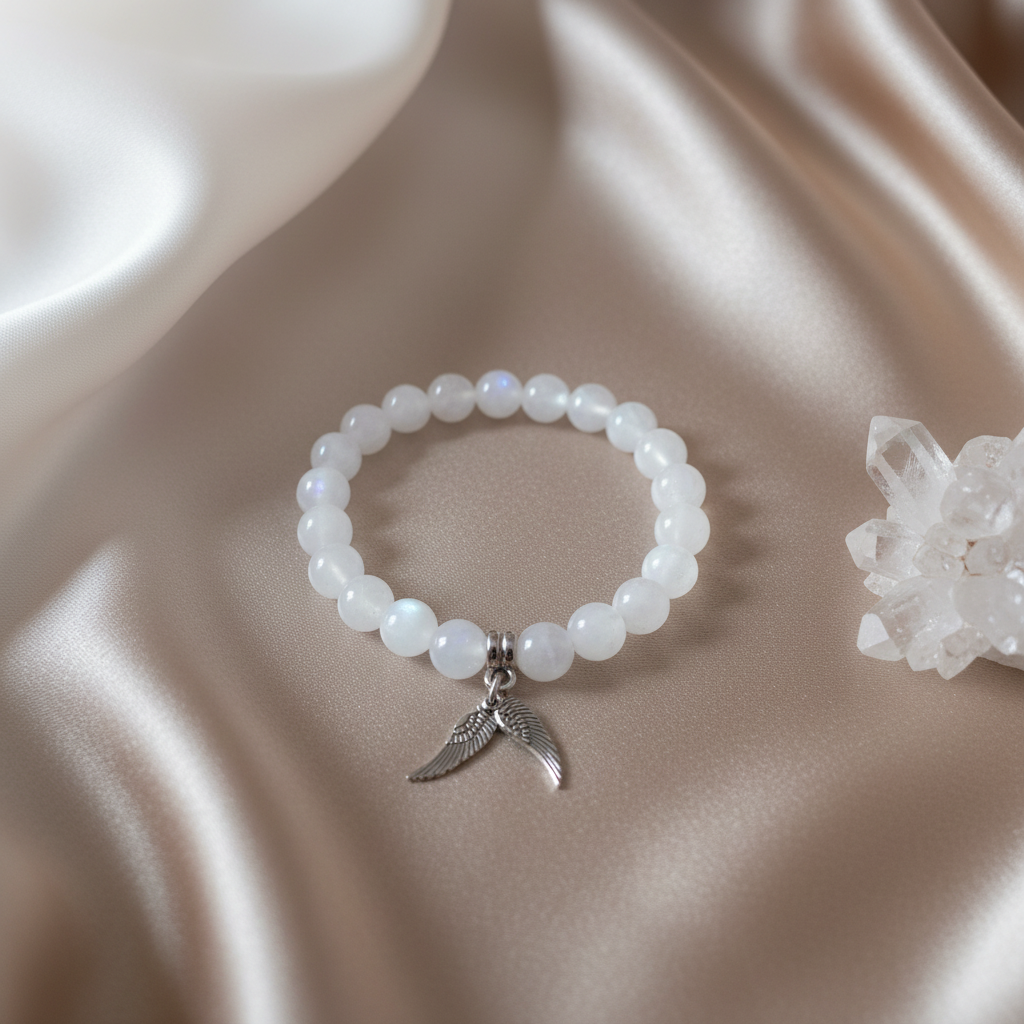 Pulseira Arcanjo Gabriel - Moonstone com Fundo Elegante e Objeto Sagrado