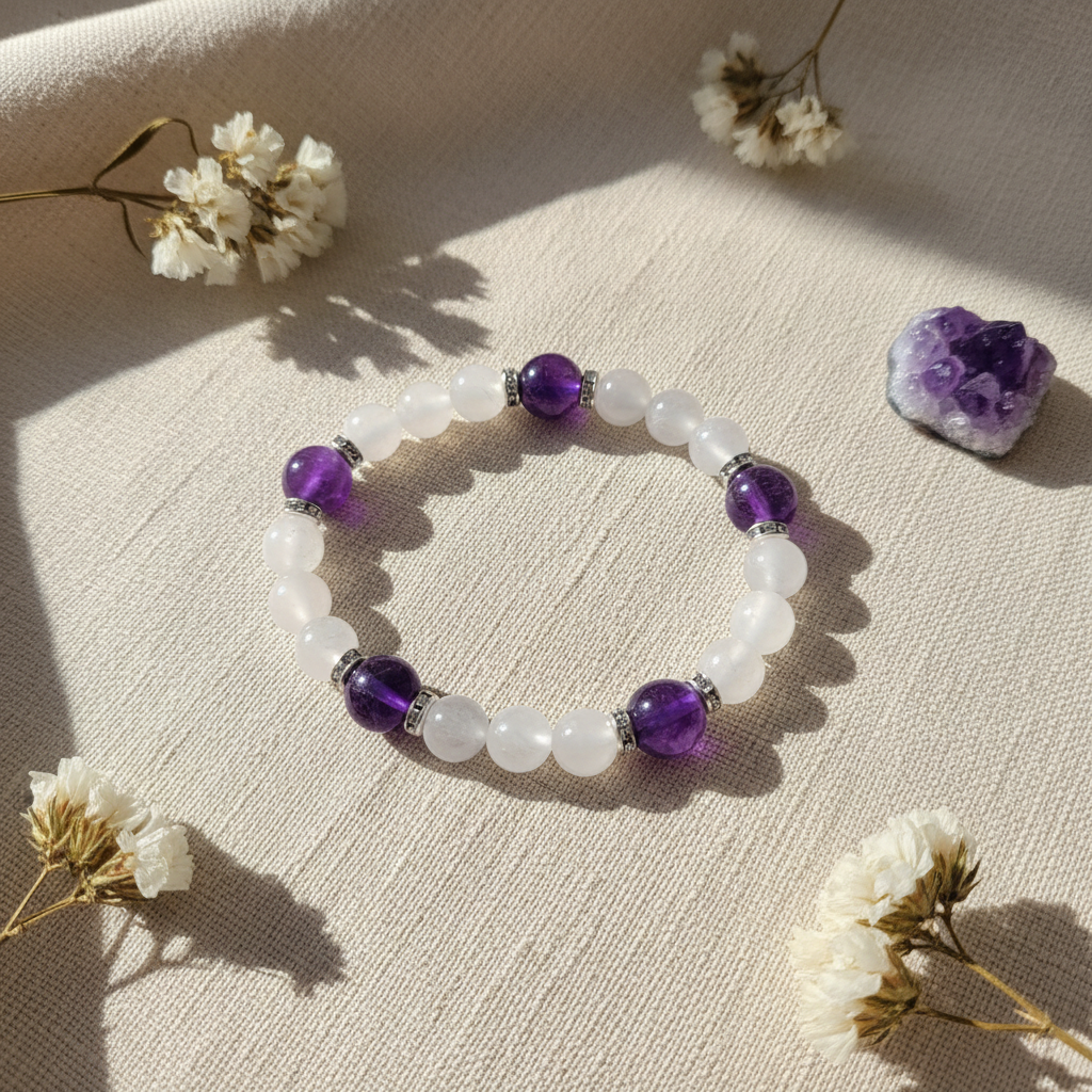 Pulseira branca e ametista em fundo elegante