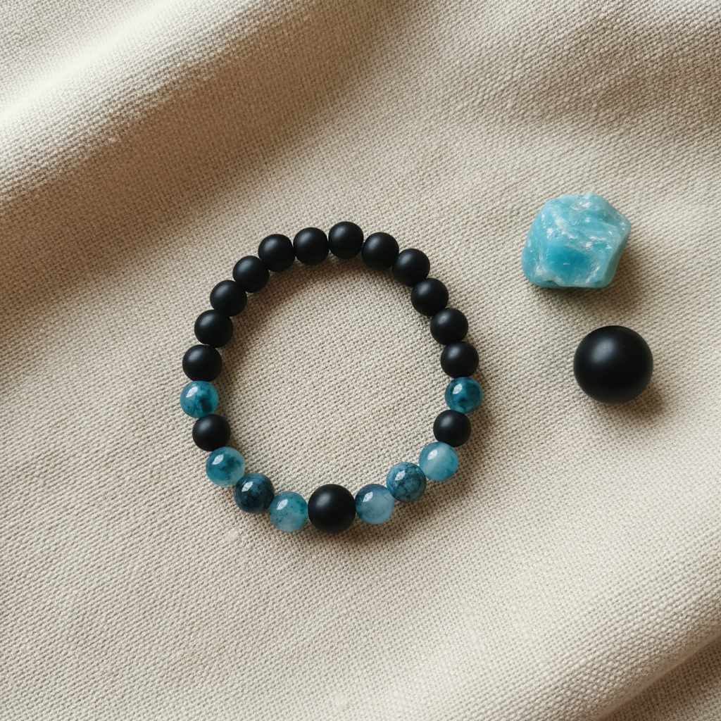 Pulseira Calcedónia Azul & Ónix Mate — Tecido Bege