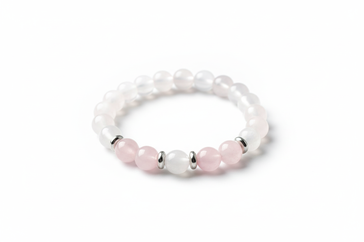 Pulseira de cristal branco e quartzo rosa em fundo branco