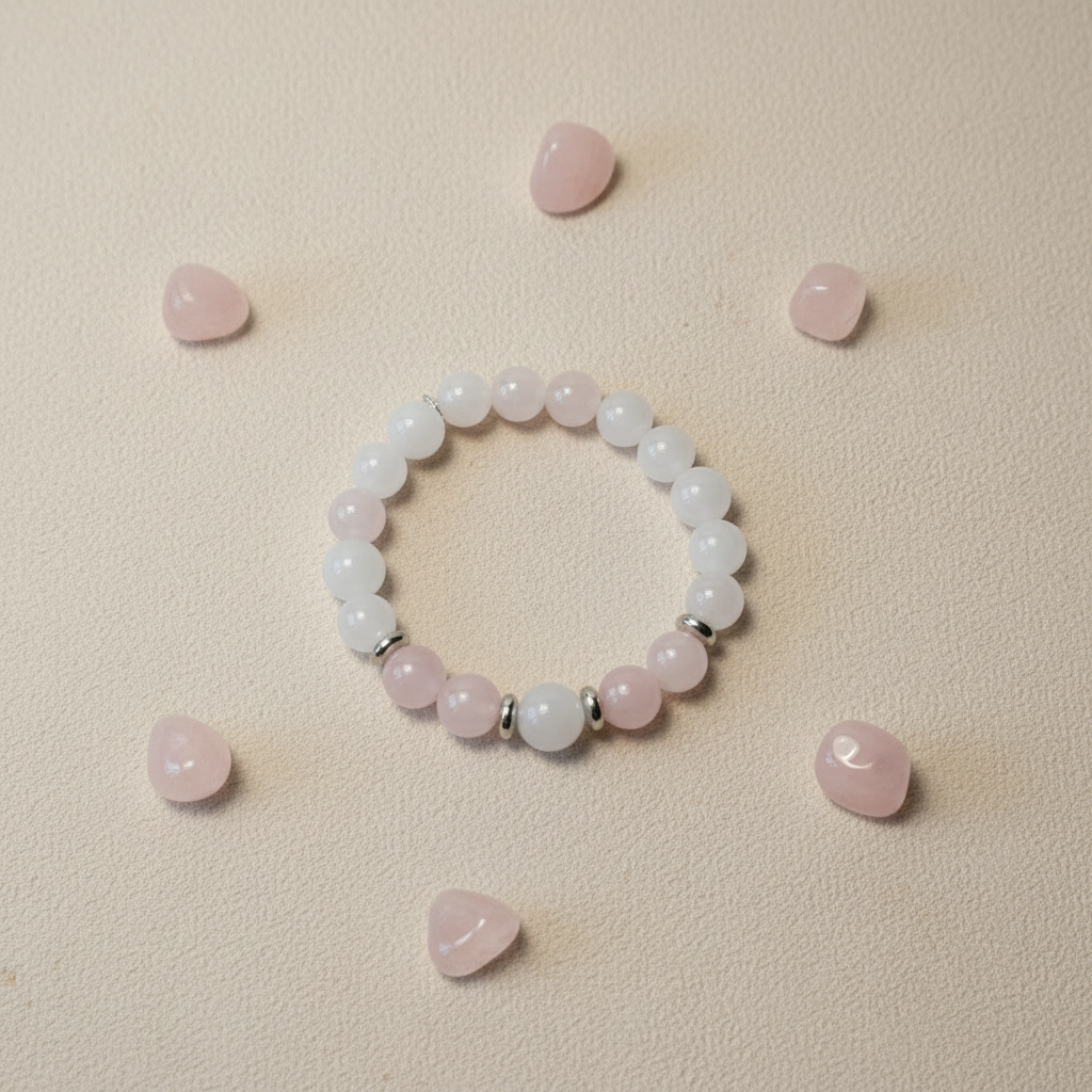 Pulseira de jade branco e quartzo rosa com fundo neutro