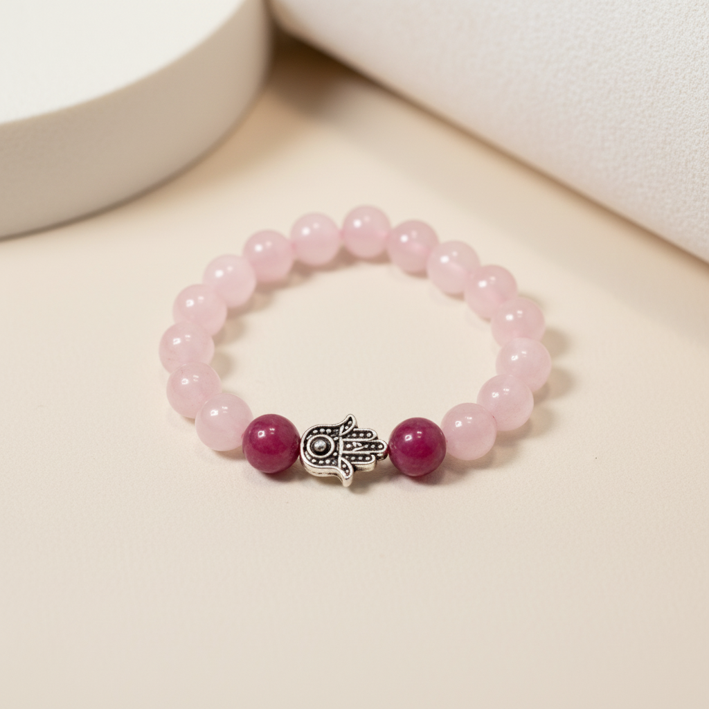 Pulseira de quartzo rosa e quartzo rosa escuro com fundo neutro