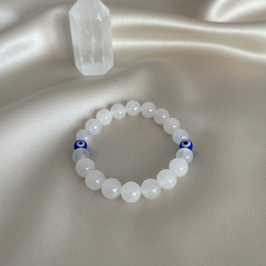 Pulseira de selenita e jade branco em destaque