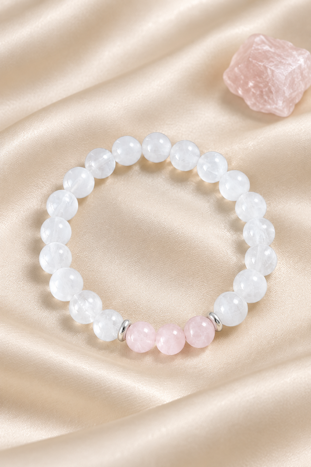 Pulseira em destaque sobre cetim claro com uma pedra de quartzo rosa ao lado