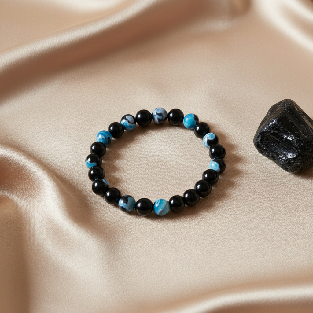 Pulseira Ágata & Obsidiana — Uma Pedra, Cetim Bege Claro
