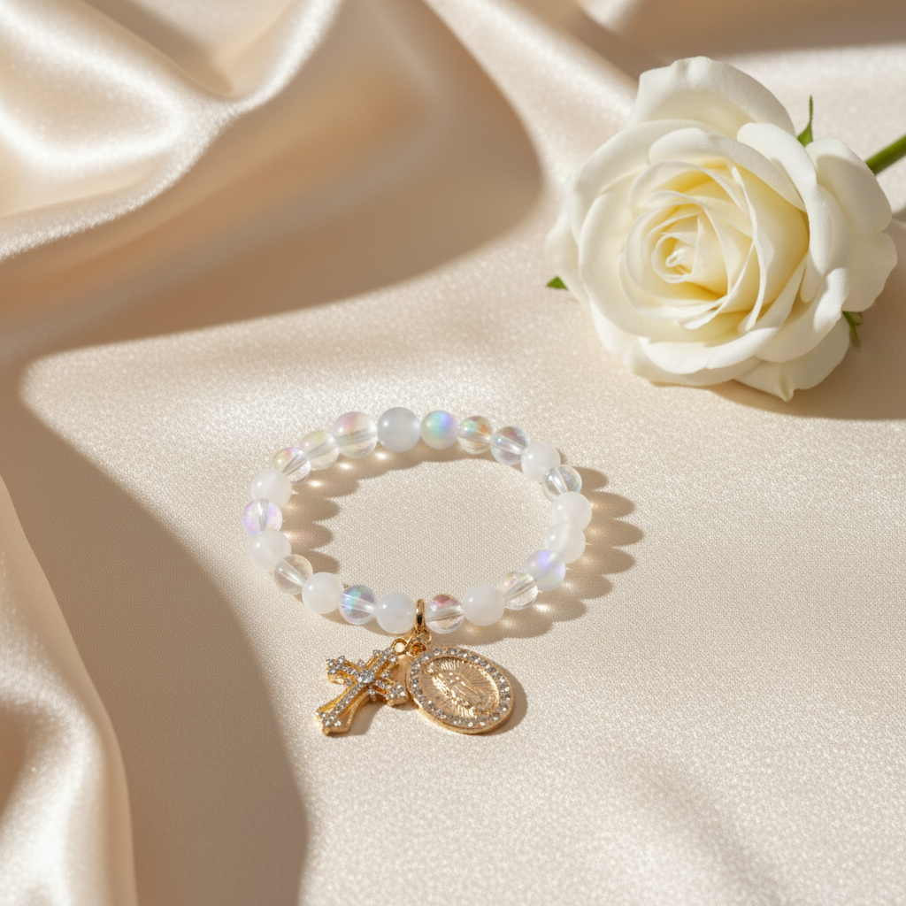 Pulseira Nossa Senhora de Fátima em Tecido com Rosa Branca