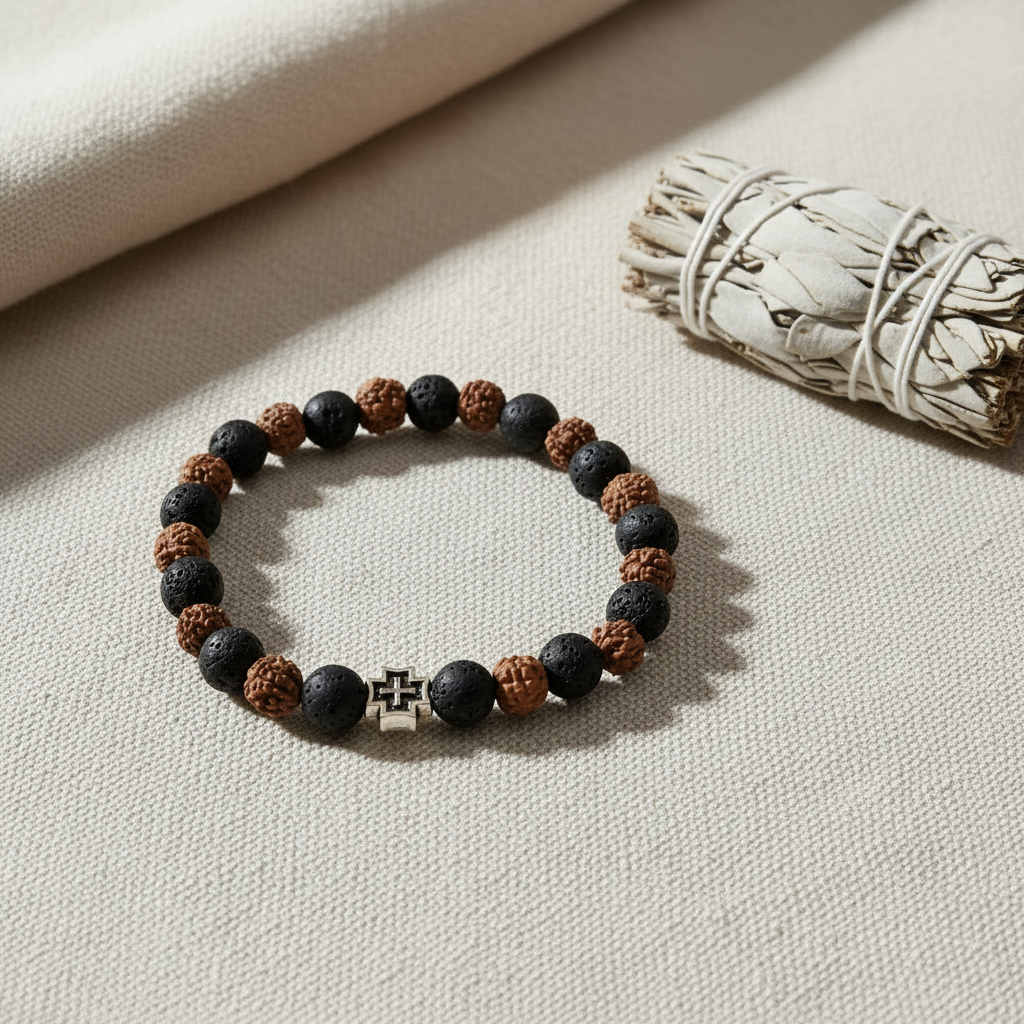 Pulseira Rudraksha — Fundo Tecido com Objeto Sagrado
