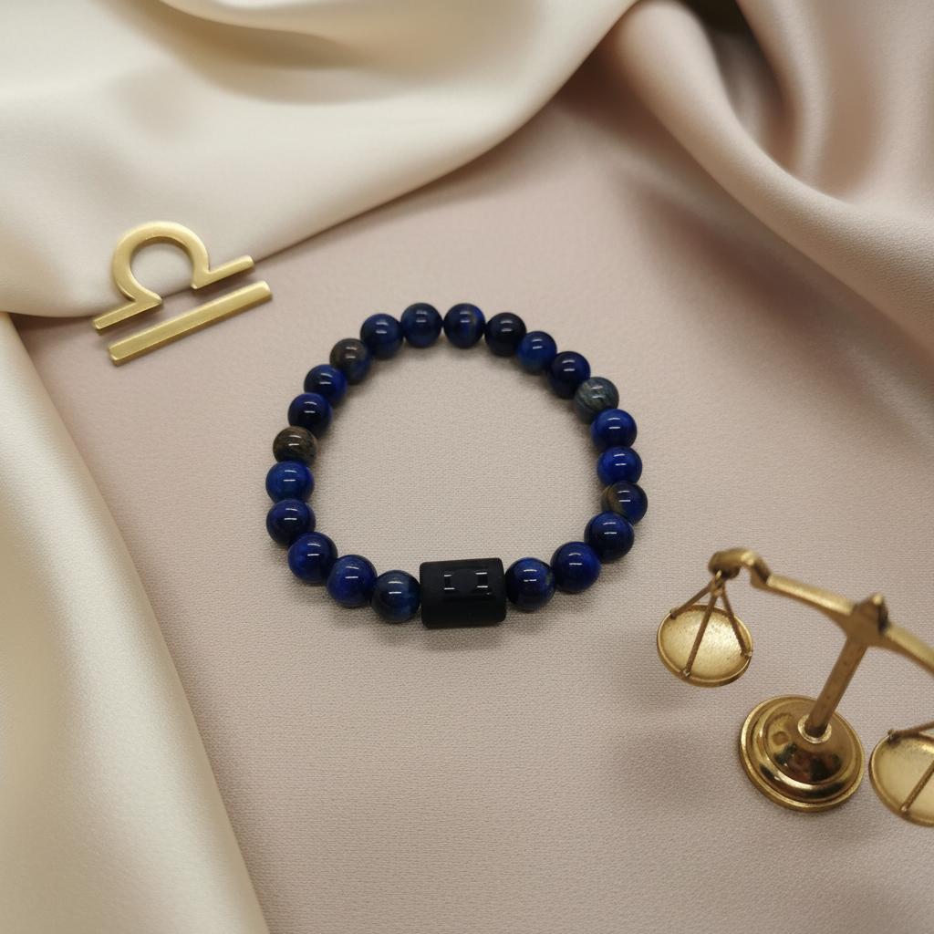Pulseira Signo Balança - Olho de Tigre e Lápis Lazúli com Fundo Elegante