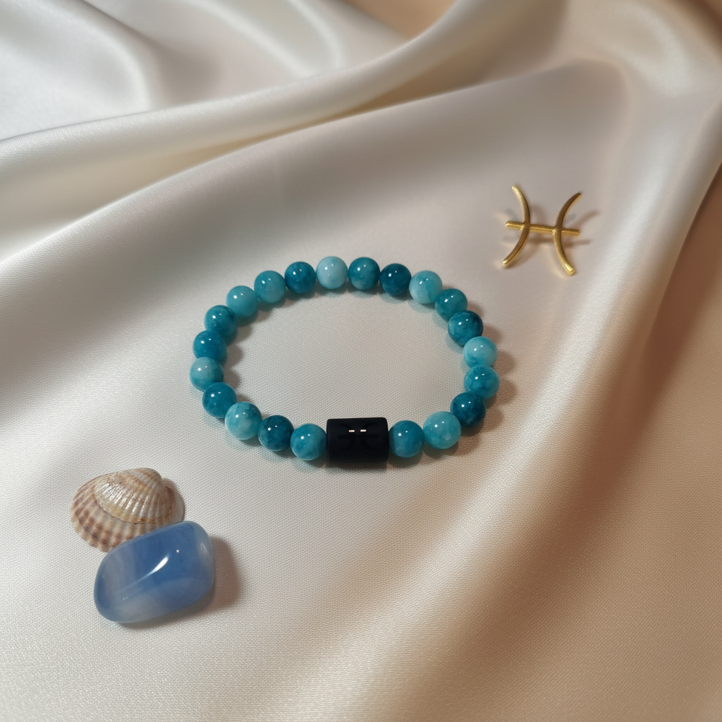 Pulseira Signo Peixes - Larimar com Fundo Elegante e Símbolo