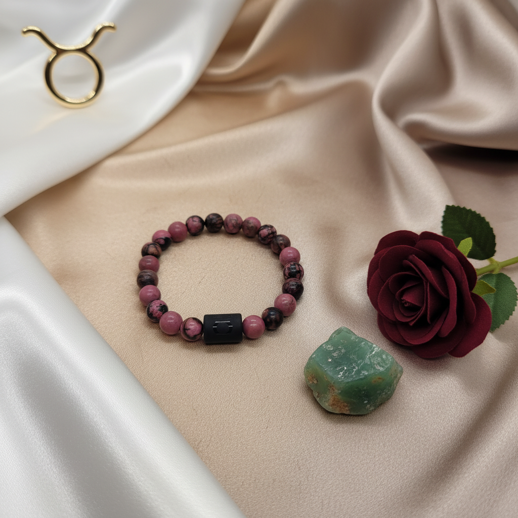 Pulseira Signo Touro - Rodonite com Fundo Elegante