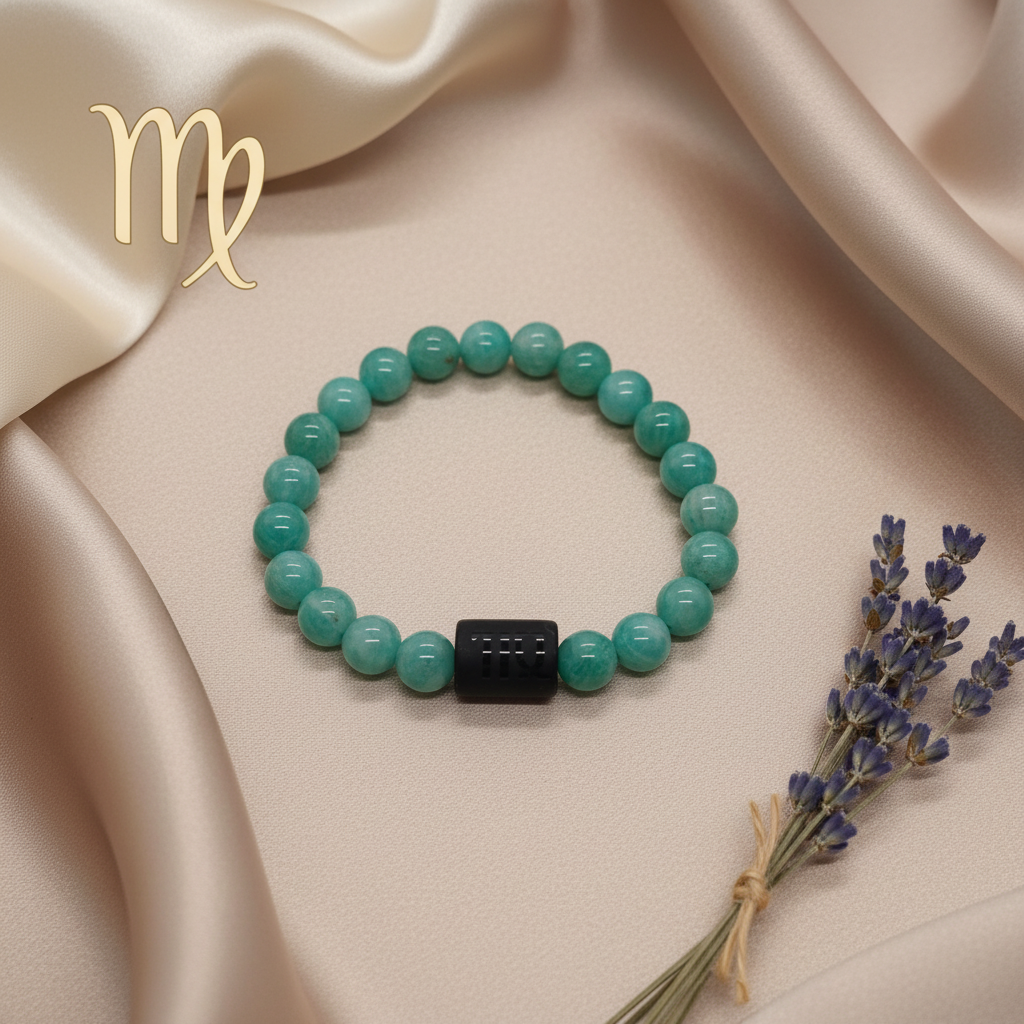 Pulseira Signo Virgem - Amazonita com Fundo Elegante e Símbolo