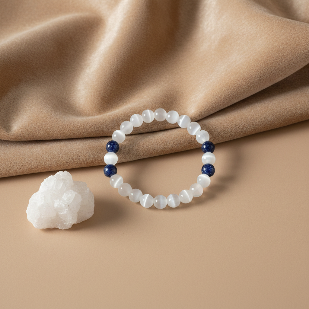 Pulseira sobre cetim e veludo bege com pedra de selenita
