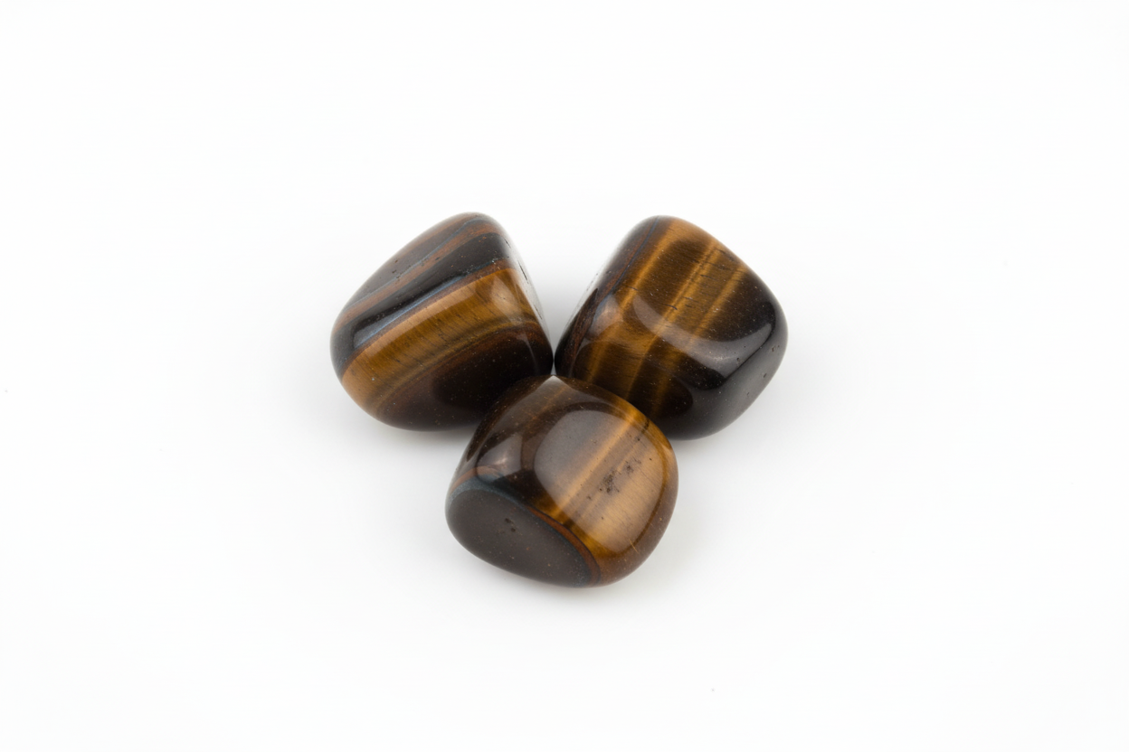 Three polished gemstones on white background