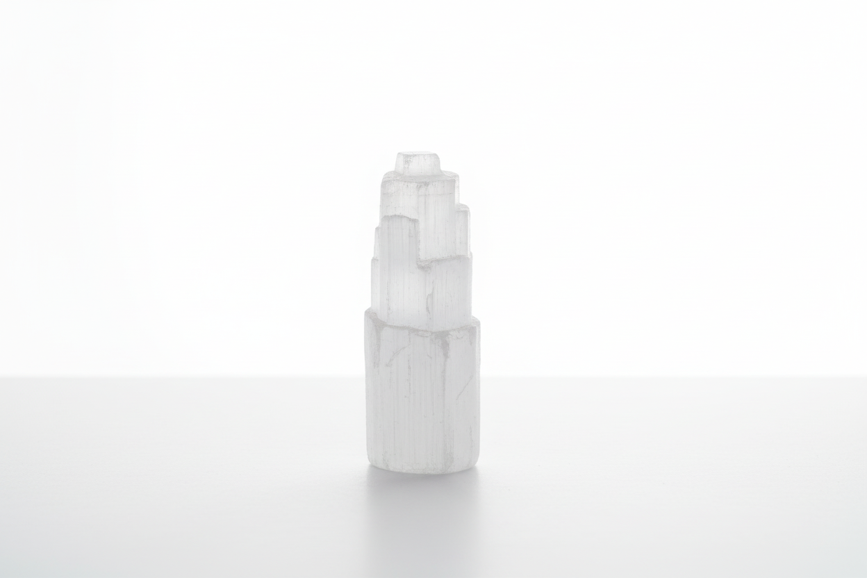 Torre de selenite branca em fundo branco