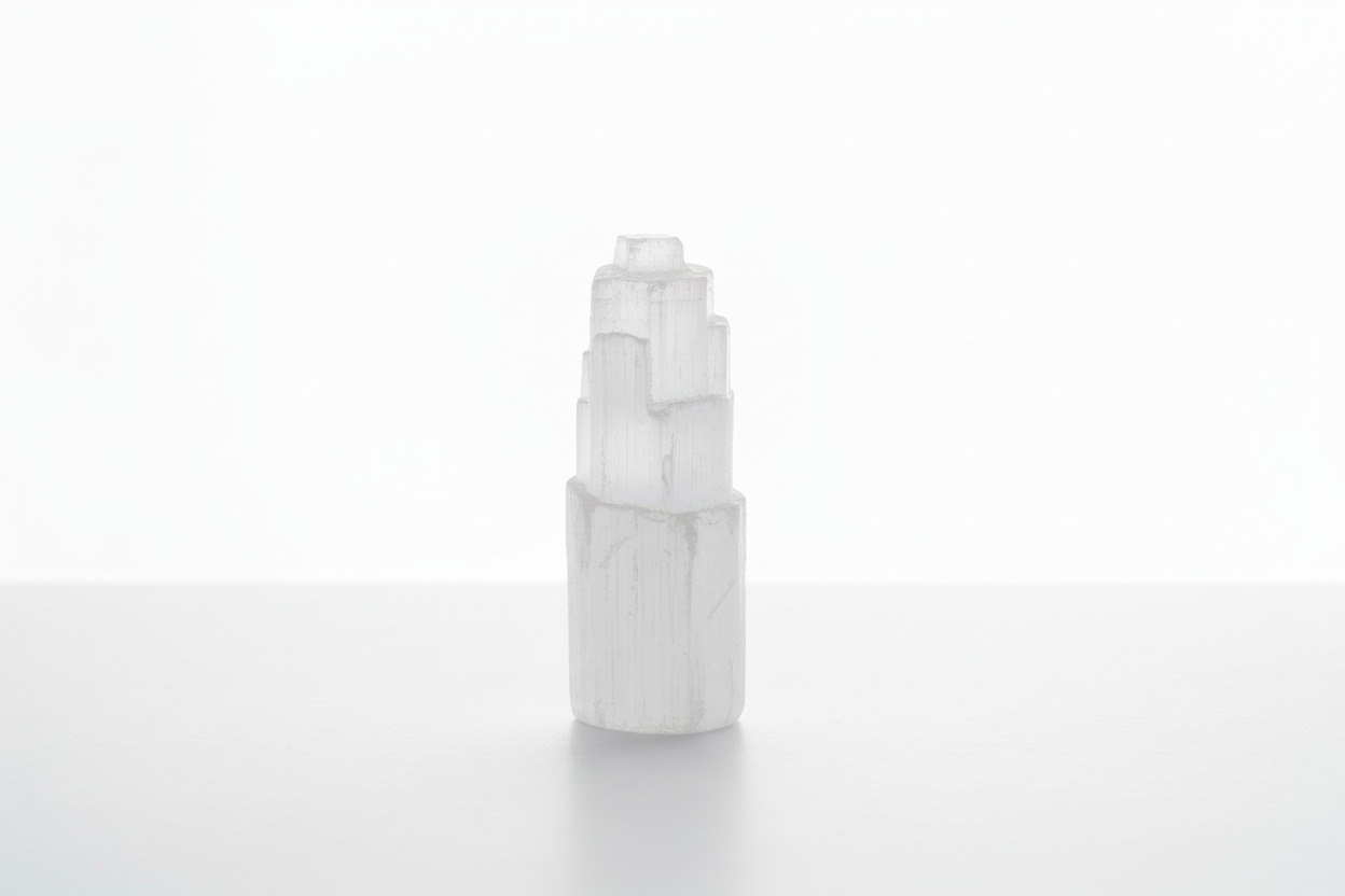 Torre de selenite branca mais alta em fundo branco