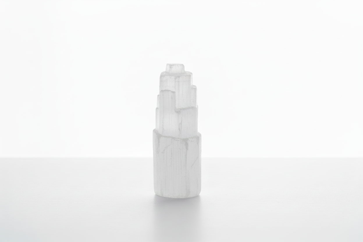 Torre de selenite branca muito alta em fundo branco